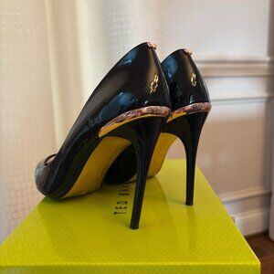 Ted Baker black patent heels, gold trim, size 9